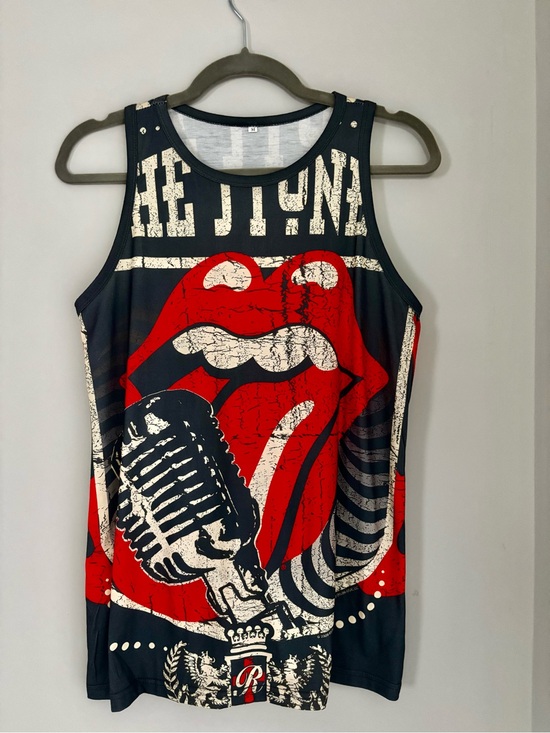 Tops - Rolling Stones Dark Gray Tank Top with Red Tongue Graphic and Microphone